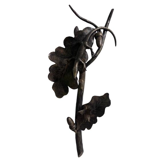 Lizard on Oak Branch Acorns Cast Iron Bronze Metal Sculpture Art Nouveau 14” - Picture 1 of 7